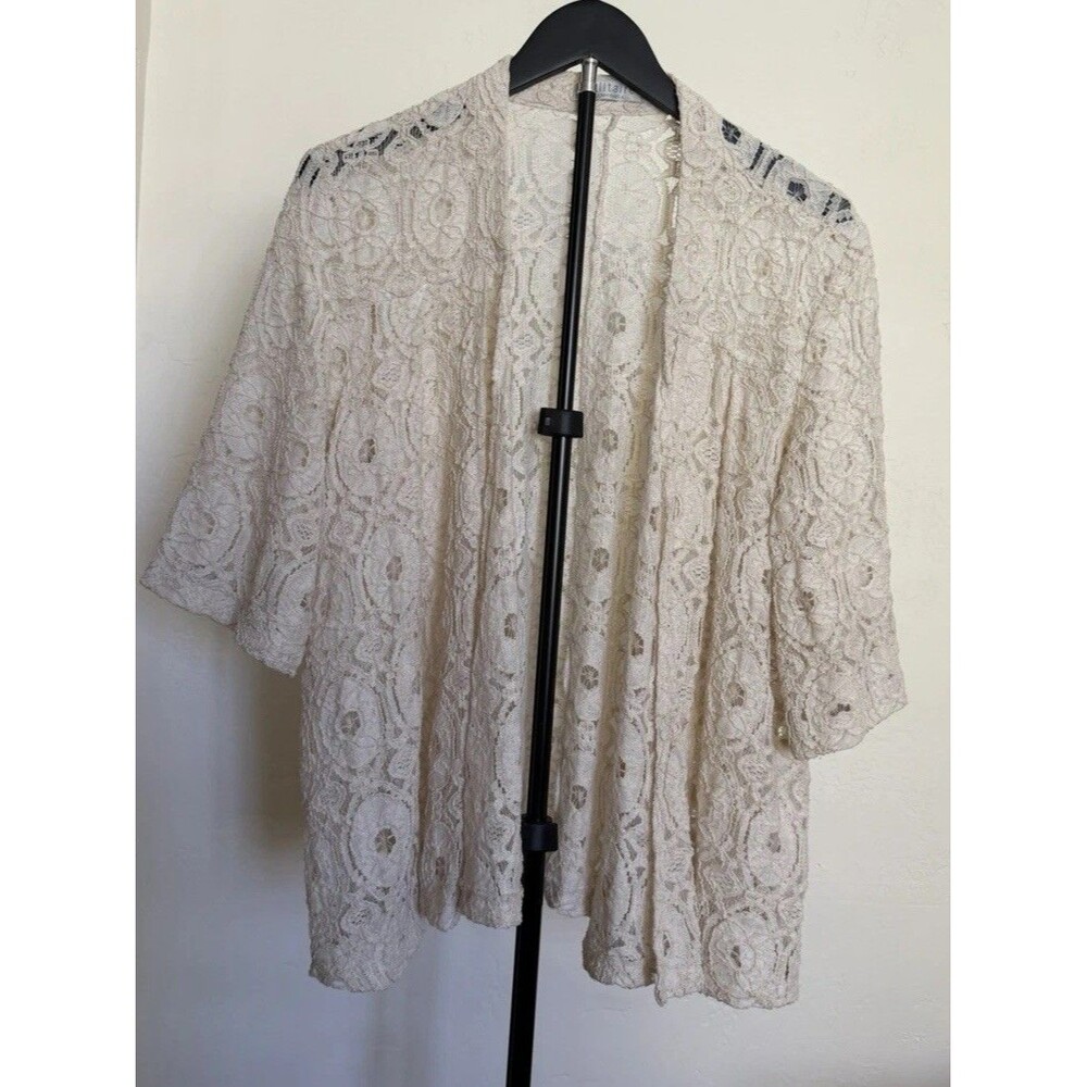 Solitaire by Ravi Khosla Cream Crochet Lace Cottagecore Kimono Jacket Topper M